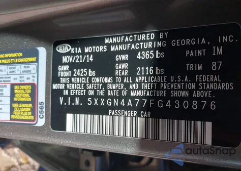 2015 Kia Optima Ex z USA, uszkodzony, nr VIN 5XXGN4A77FG430876